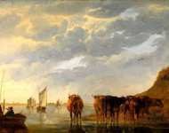 Пастух с пятью коровами на реке